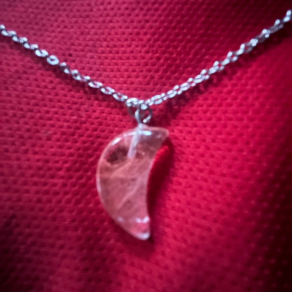 Hand Crafted Pink Cherry Quartz Crescent Moon Pendant on Chain Handmade Necklace